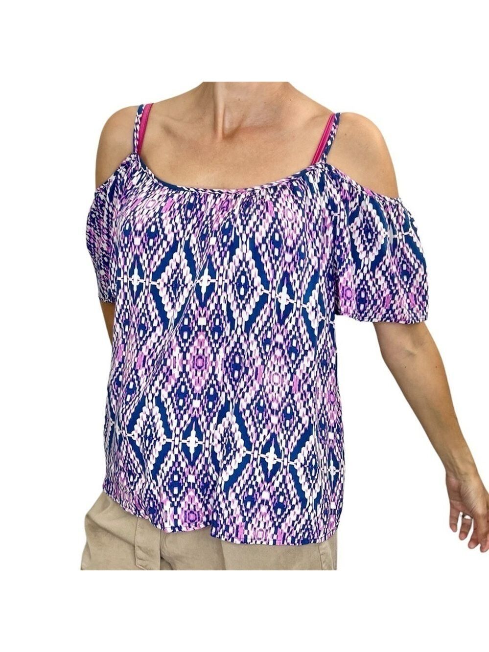 One Clothing Los Angeles pink blue white print cold shoulder top L